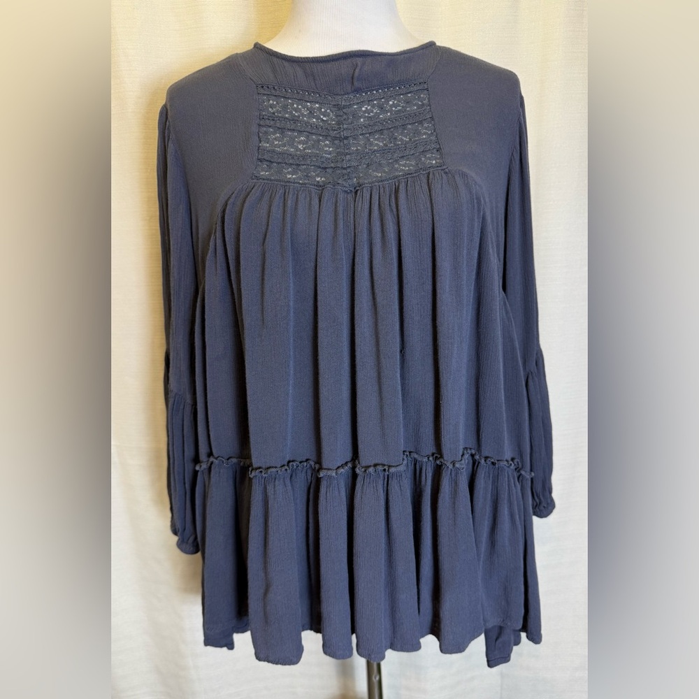 Attic Salt Grey Long Sleeve Tunic Lace Front Pullover Long Sleeve Blouse Sz L